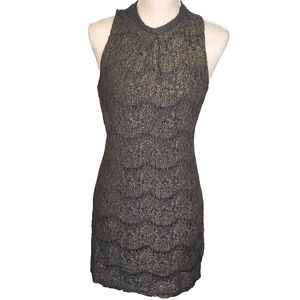 LOVE FIRE | Women's black and gold metallic lace overlay sleeveless dress.